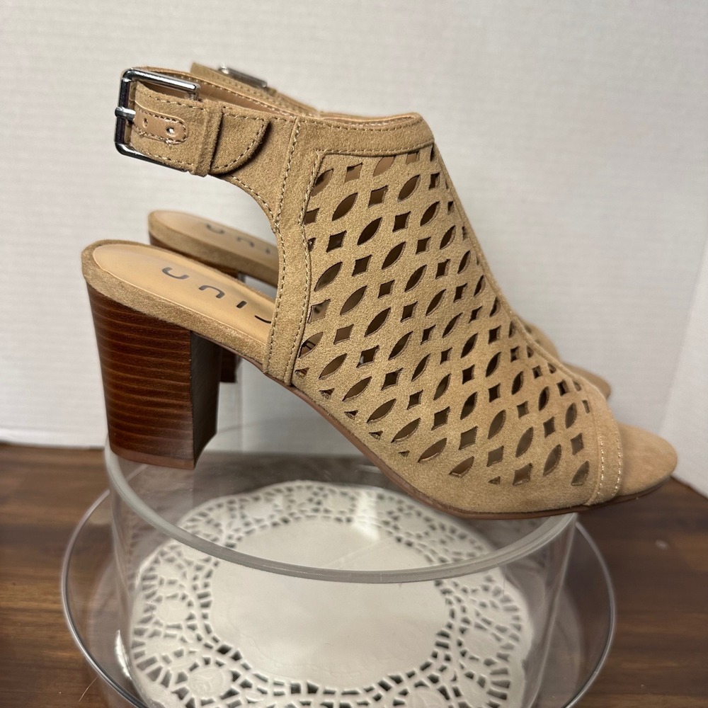 Unisa Unparlo Tan Laser Cut Block Heel Sandals Womens 7.5 M‎ Peep Toe Slingback - Picture 4 of 12